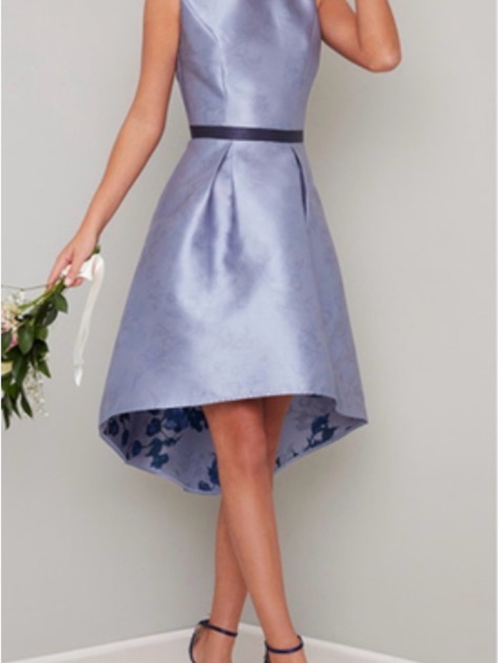 Chi Chi London Assymetric-Blue High-Low Prom Dress with Floral Hem UK size 6